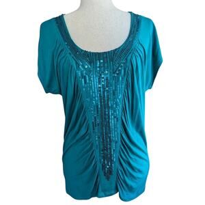 Apt 9 Green Turquoise Sequin Short Sleeve Blouse Size Small